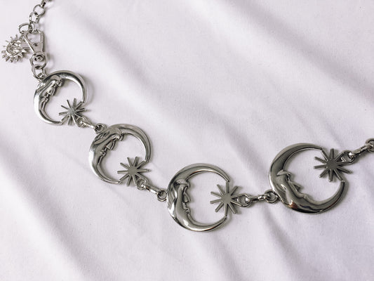 Vintage Silver Toned Metal Celestial Moon and Star Chain Belt