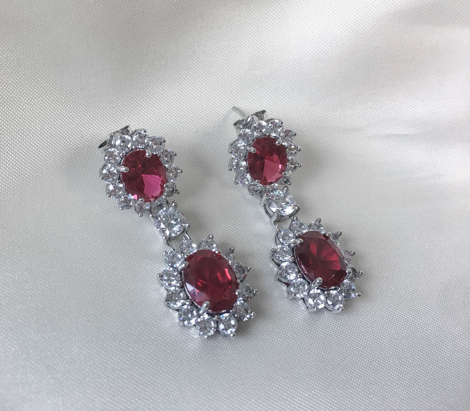 Vintage STAUER 925 Ruby and Rhinestone Necklace and Earring Set, Vintage Silver and Ruby Set