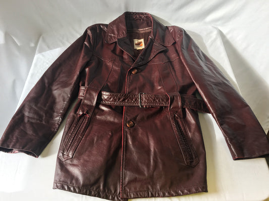 Vintage 70s Shaino's Burgundy/Dark Red Leather Jacket with Adjustable Belt, 1970s Genuine Leather Jacket, Sz. 44