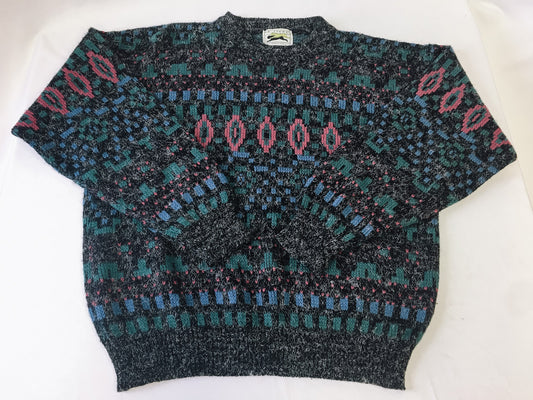 Vintage 90s Le Tigre Gray Geometric Print Grandpa Sweater, Men's Sz. L, 90s Grandpa Sweater