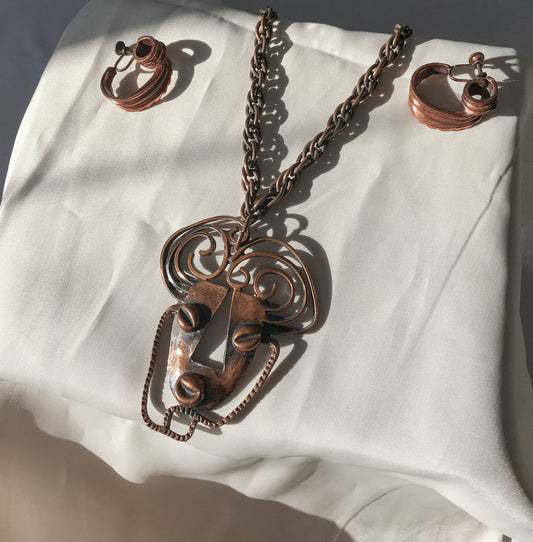 Vintage Rebaje Copper Brutalist African Necklace and Screw Back Earrings Set