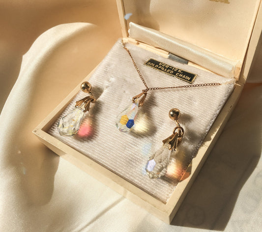 Vintage Aurora Borealis Gold Filled Set, Screw Back Earrings and Necklace, In Original Box