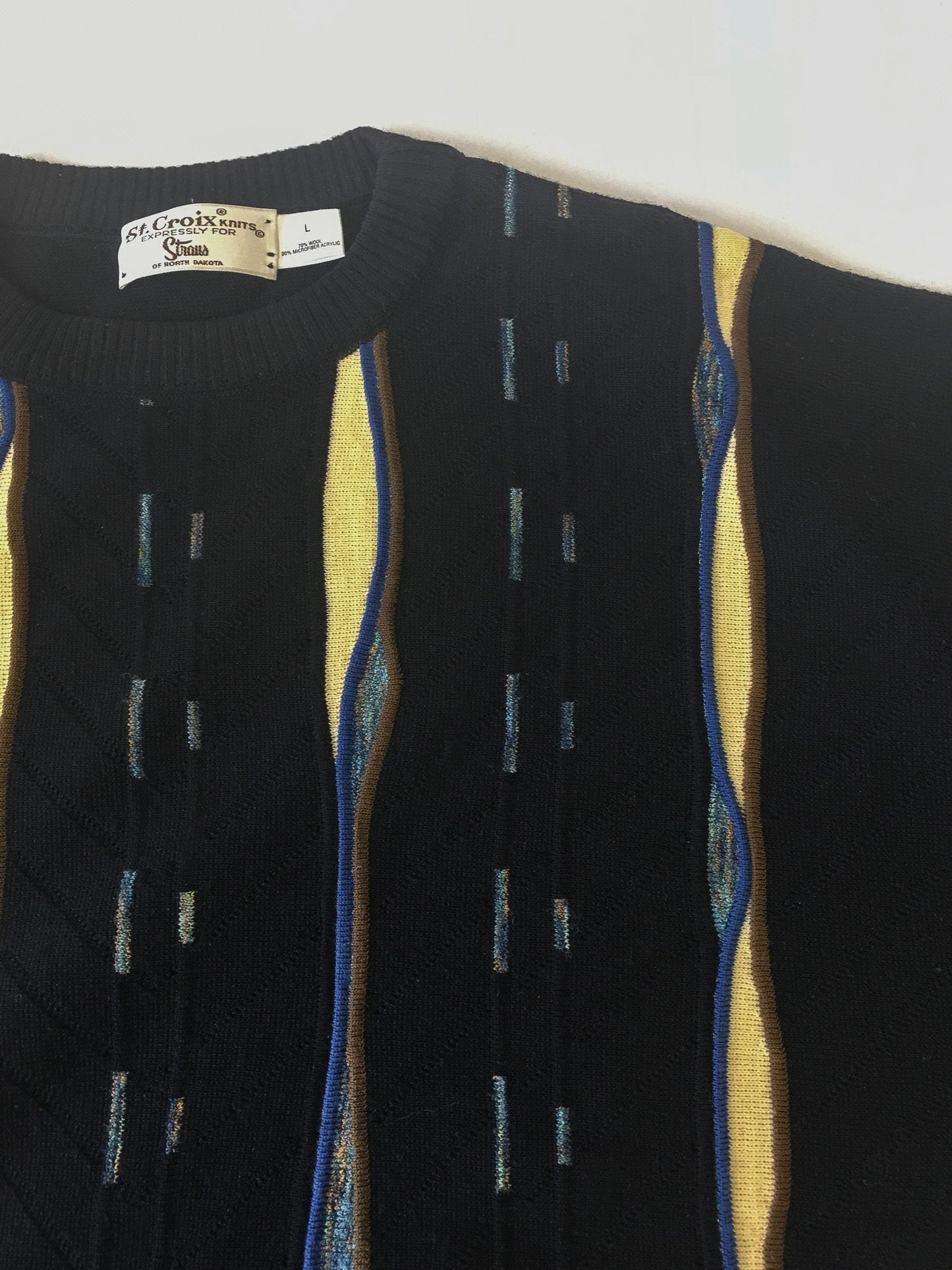 Vintage 90s St. Croix Black Abstract Print Wool Blend Crewneck, Sz. L, 90s Grandpa Sweater