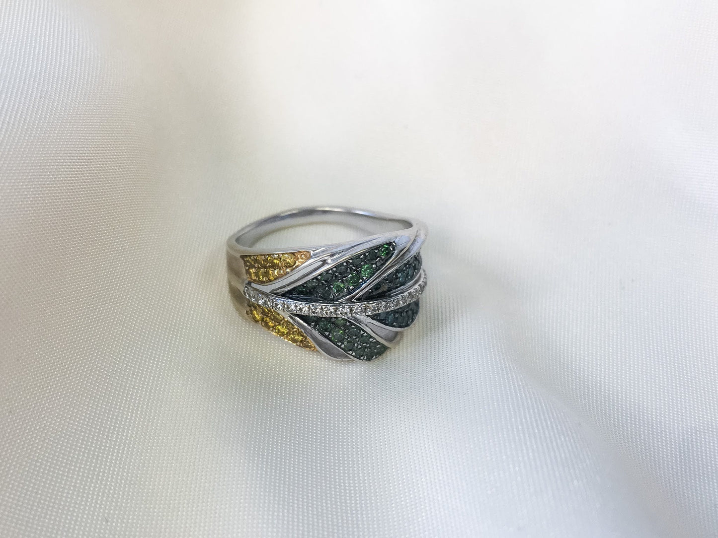 Lab Created Blue, Green, and Yellow Diamond Feather 14k White Gold Ring, Size 9.25