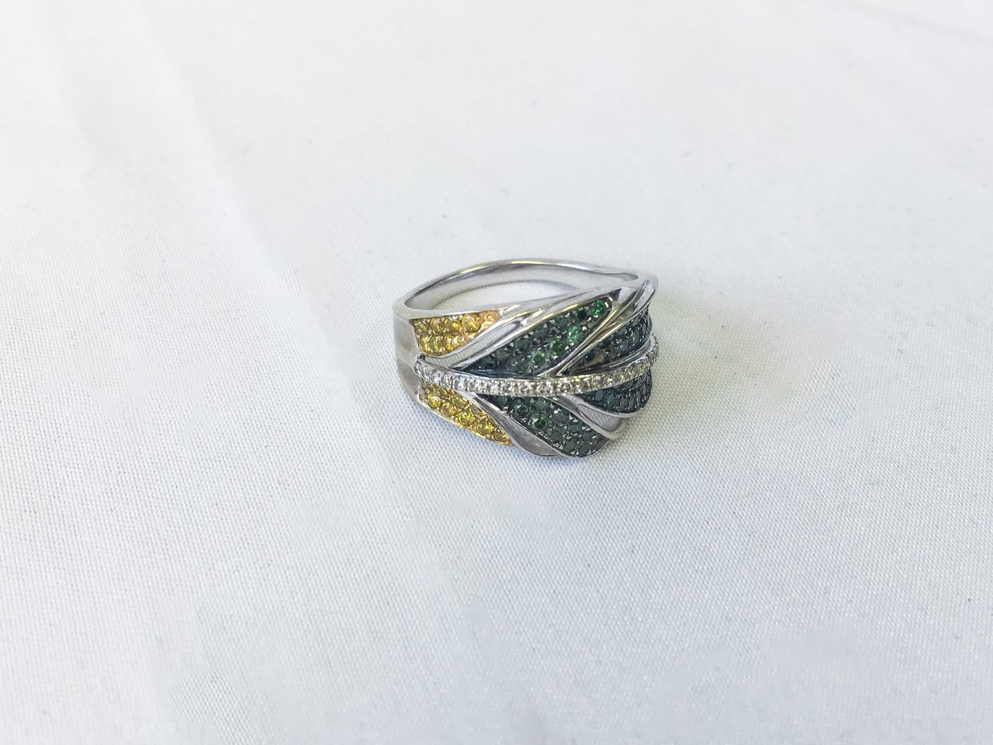 Lab Created Blue, Green, and Yellow Diamond Feather 14k White Gold Ring, Size 9.25