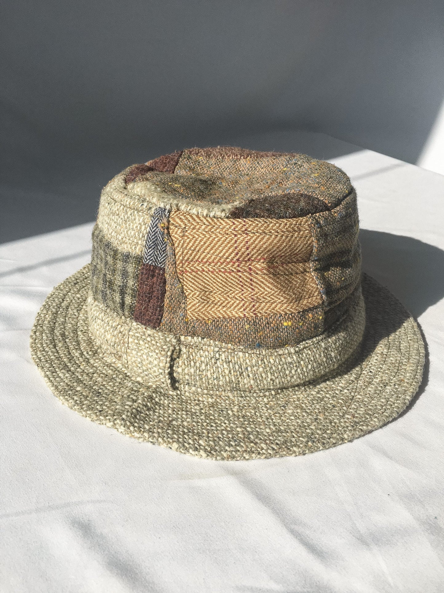 Vintage Neutral Irish Tweed Patchwork 100% Pure Wool Bucket Hat, Sz. 7 1/4, Made in Ireland