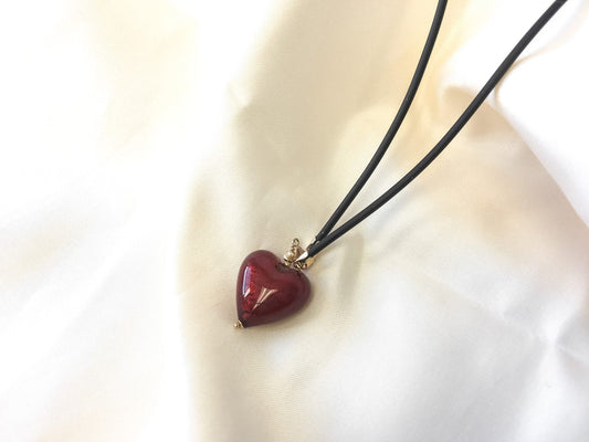 Vintage 90's Red Glass Heart on Black Rubber Choker with 14k Gold Clasp