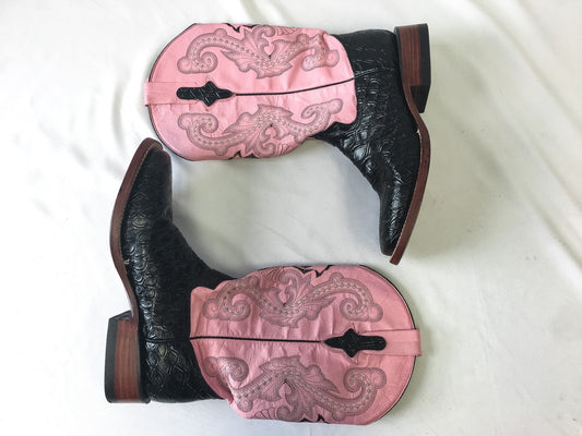Vintage Ferrini Black and Pink Anteater Print Leather Cowboy Boots, Women's Sz. 8.5B