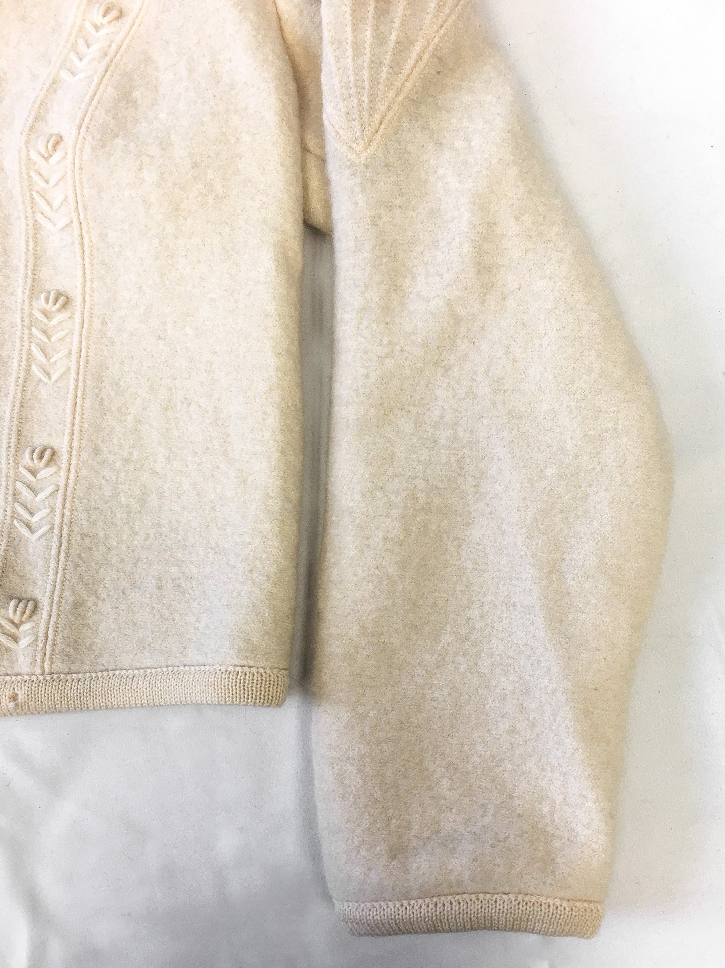 Vintage Geiger Cream Pure Wool Button Up Cardigan with Floral Detail, Sz. 38, Made in Austria
