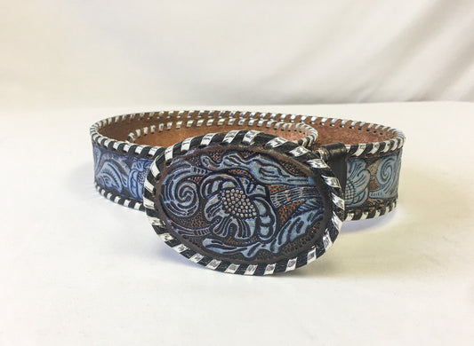 Vintage Tony Lama Leather Belt with Blue Floral Engraving and Silver Details, Sz. 34, Made in USA