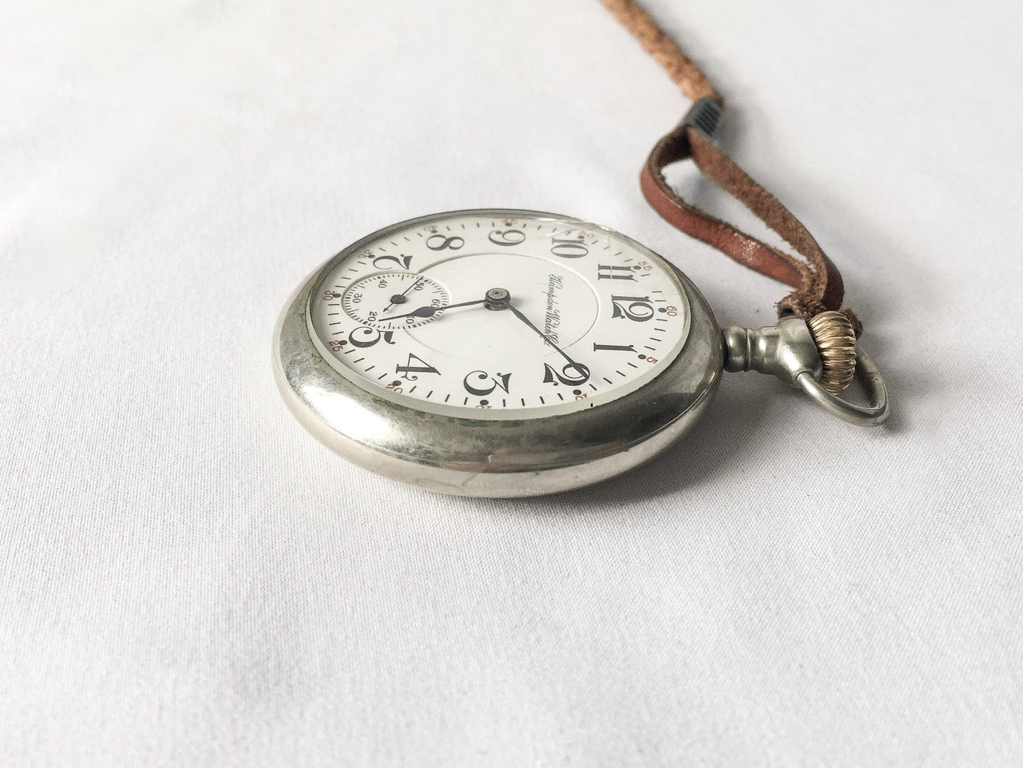 Antique Hampden Watch Co Pocket Watch, Cracked Glass Face, Not Working, Braided Leather "Chain"