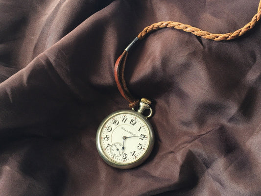 Antique Hampden Watch Co Pocket Watch, Cracked Glass Face, Not Working, Braided Leather "Chain"