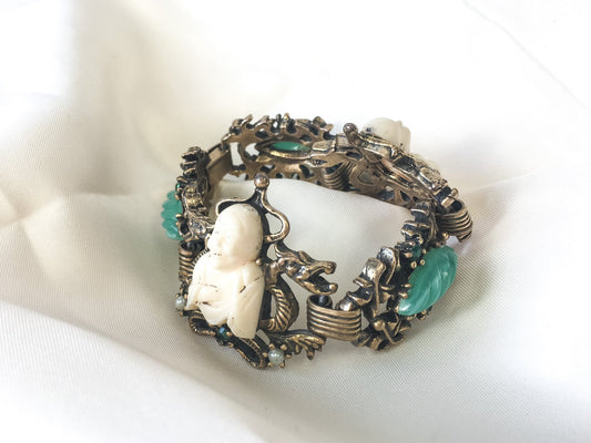 Vintage Green and White Buddha Inspired Chain Link Bracelet with Green Rhinestones and Faux Pearl, Vintage Bulky Bracelet