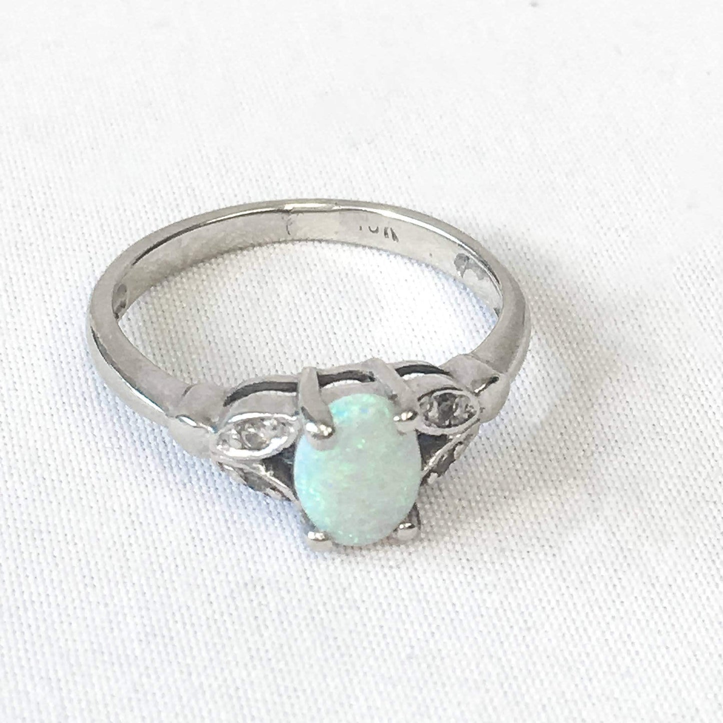 Vintage 10k White Gold Ring with Opal and Diamond Accent, Size 5