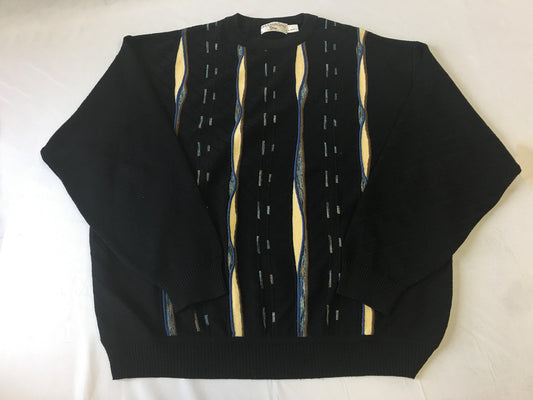 Vintage 90s St. Croix Black Abstract Print Wool Blend Crewneck, Sz. L, 90s Grandpa Sweater