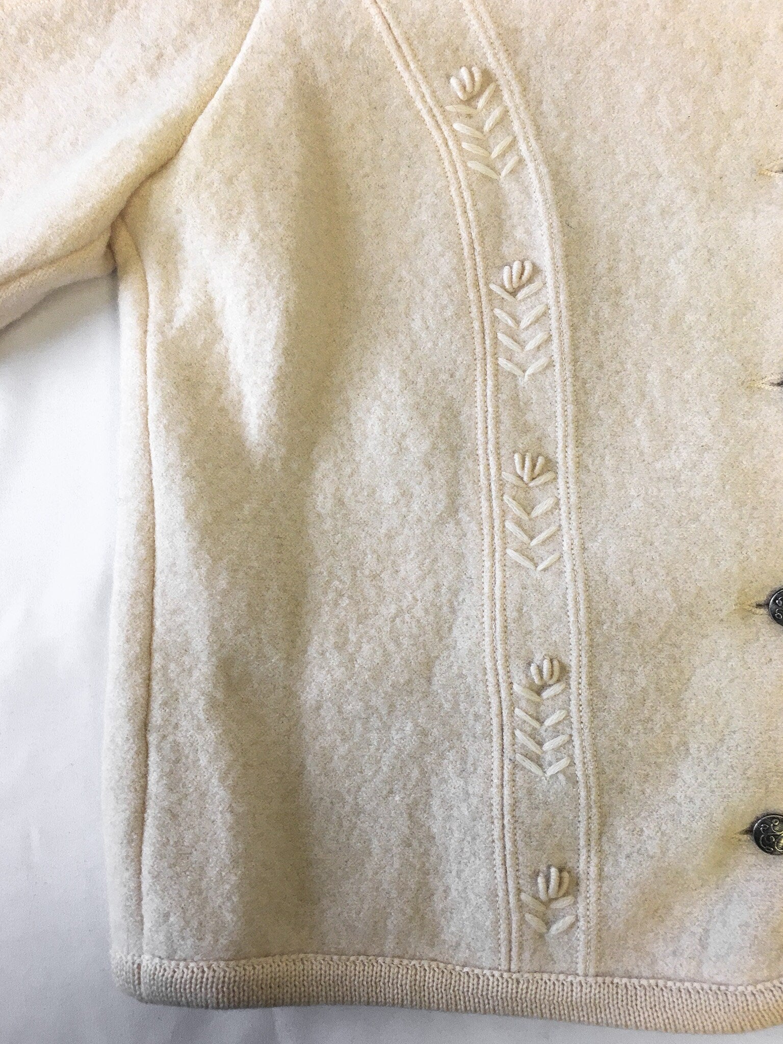 Vintage Geiger Cream Pure Wool Button Up Cardigan with Floral Detail, Sz. 38, Made in Austria