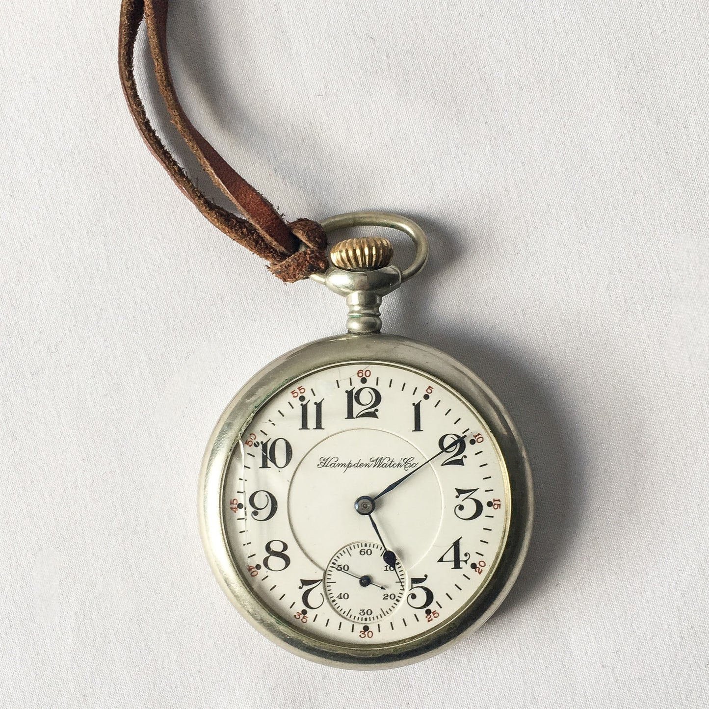 Antique Hampden Watch Co Pocket Watch, Cracked Glass Face, Not Working, Braided Leather "Chain"